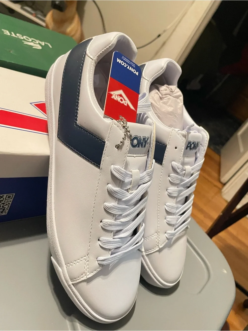PONY Men’s White Sneakers with Navy Side Stripe